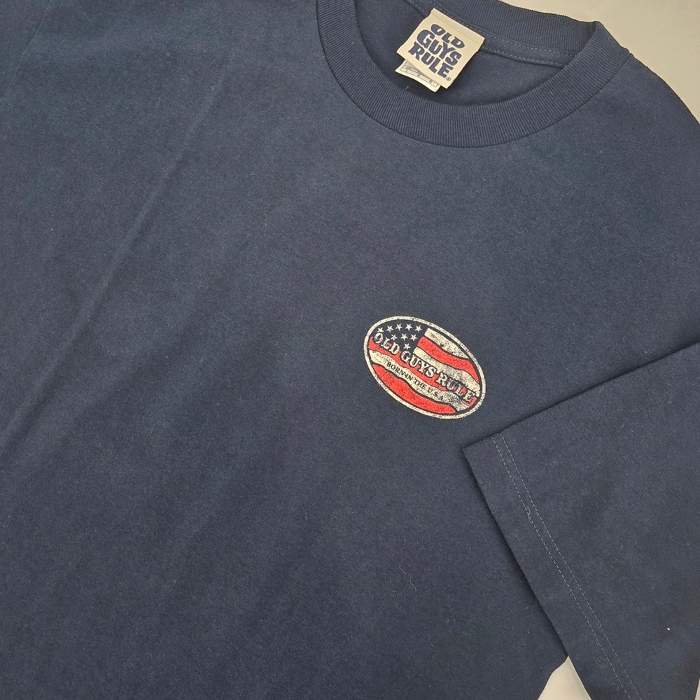 OLD GUYS RULE SHIRT MENS LARGE BLUE USA AMERICAN FLAG VINTAGE Y2K DAD FATHER EUC